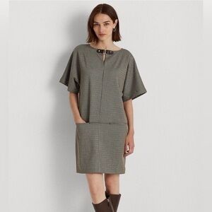 Lauren Ralph Lauren Houndstooth Jacquard Shift Dress Buckle Trim Medium